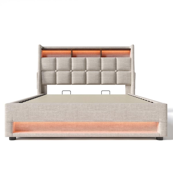Natural(Beige) Wood Frame Full Linen Platform Bed with LED Lights, Hydraulic Storage, USB Charging, Storage Headboard
