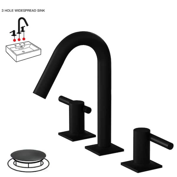 BWE 8 in. Widespread Double Handle High-Arc Bathroom Faucet Water-Saving With Drain Kit In Matte Black