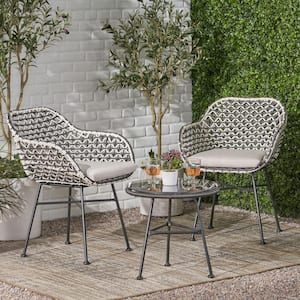 Beulah Black 3-Piece Faux Rattan Outdoor Patio Conversation Seating Set with Beige Cushions