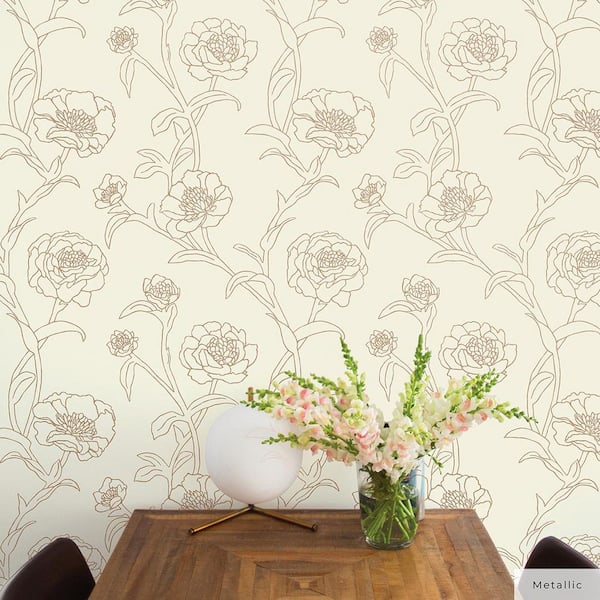 Metallic Gold Leaf Peonies Vinyl Peel and Stick Wallpaper Roll (Covers 28 sq. ft.)