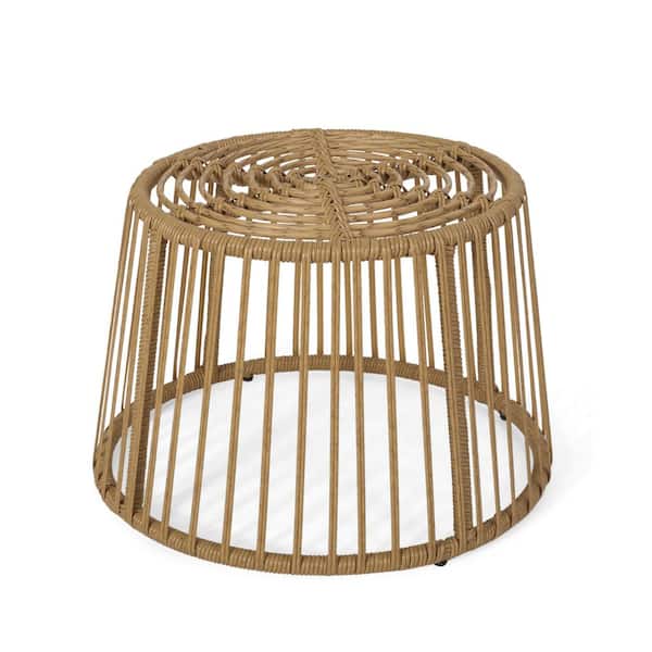 Angel Sar 13.5 in. H Light Brown Round Wicker Outdoor Side Table with Cage Structure