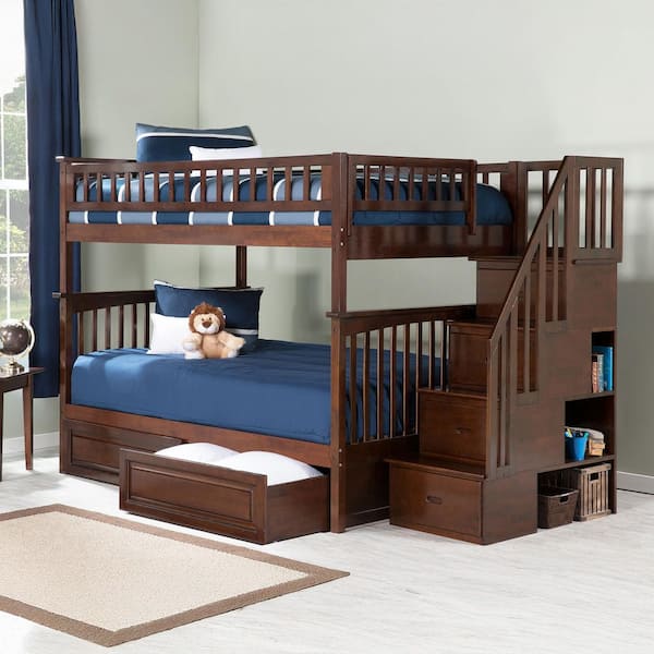 AFI Columbia Staircase Bunk Bed Full over Full with 2 Raised Panel Bed Drawers in Walnut