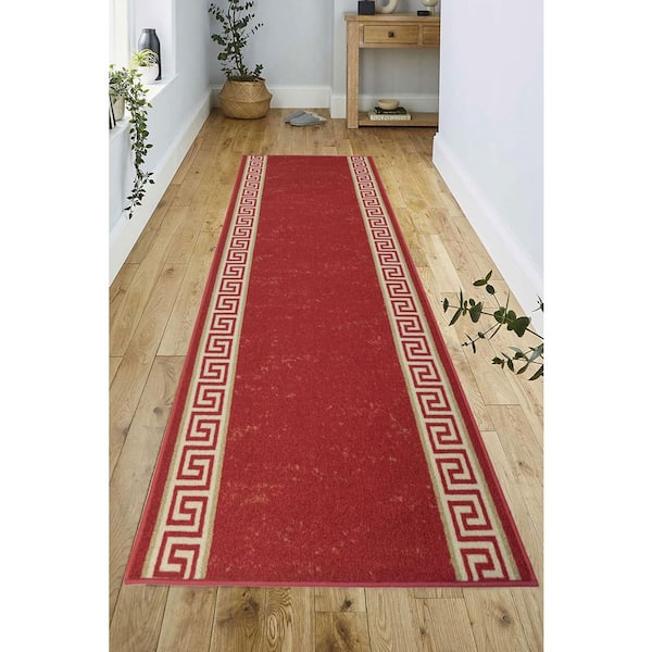Meander Design Cut to Size Red 26 in. Width x Your Choice Length Custom Size Slip Resistant Stair Runner