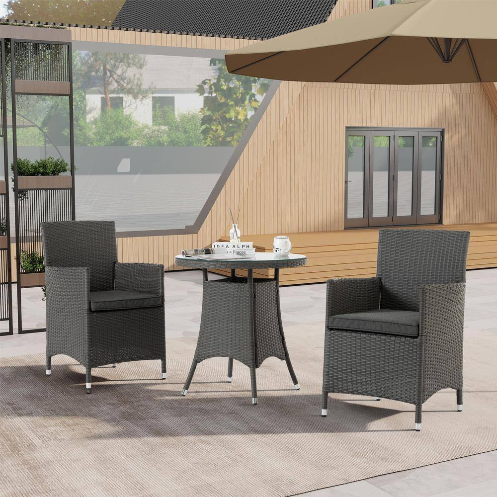 Gray 3-Piece Wicker Outdoor Dining Set with Cushions, Round Tempered Glass 