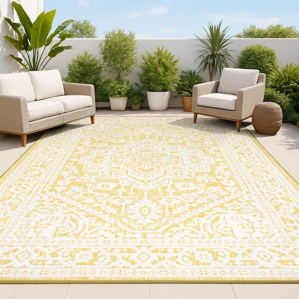 Sinjuri Medallion Textured Weave Yellow/Cream 8 ft. x 10 ft. Indoor/Outdoor Area Rug