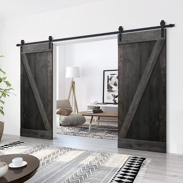 48 in. x 84 in. Z Bar Series Charcoal Black Stained Solid Pine Wood Interior Double Sliding Barn Door with Hardware Kit