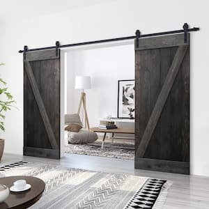 84 in. x 84 in. Z Bar Series Charcoal Black Stained Solid Pine Wood Interior Double Sliding Barn Door with Hardware Kit