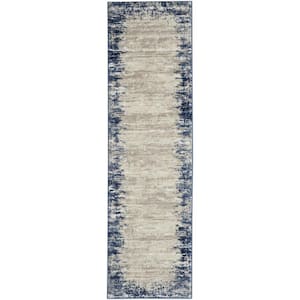 Cyrus Ivory/Navy 2 ft. x 8 ft. Abstract Modern Kitchen Runner Area Rug