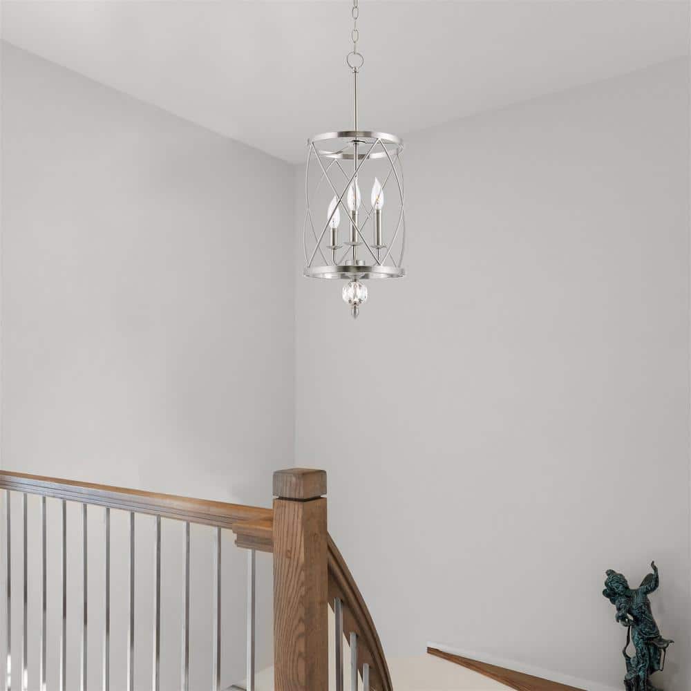 Elegant Brushed Nickel 3-Light Crystal Cage Pendant Chandelier