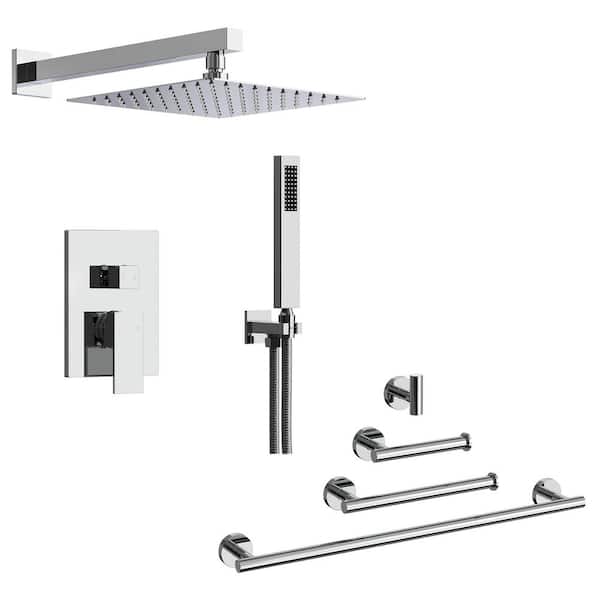 Single-Handle 2-Spray Square 10 in. Dual Shower Head Wall Mount and Handheld 2.5 GPM with Towel Rack in Chrome