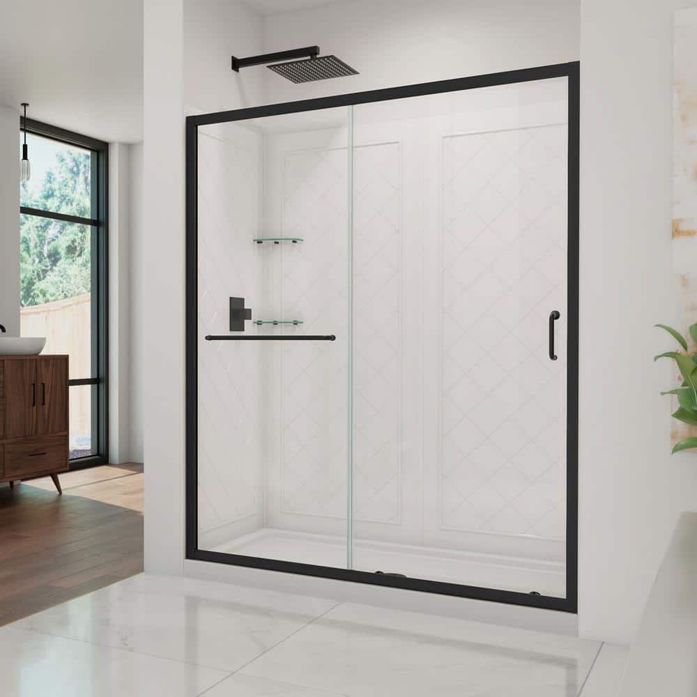 Infinity-Z Matte Black Semi-Frameless Rectangular Shower Kit with Clear Glass
