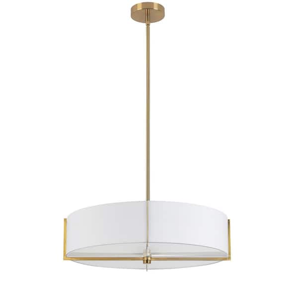 Dainolite Preston 4 Light Aged Brass Shaded Pendant Light with White Fabric Shade