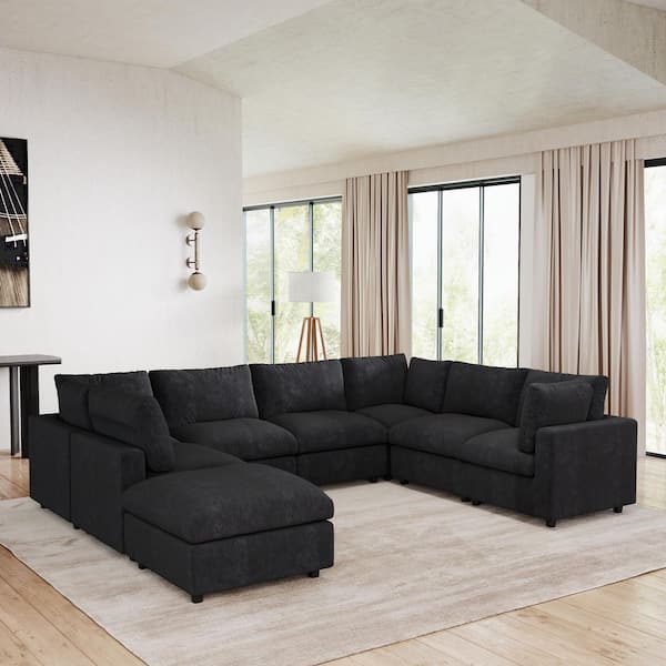 Minimalist 134 in. Square Arm 8-Piece Chenille U-Shaped Modular Sectional Sofa Cloud Couch with Removable Cover in Black