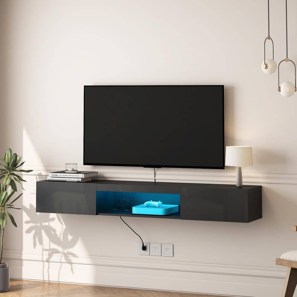 Fits TV Up to 75 in. Floating TV Stand with LED Lights and Power Outlet, 63 in. Wall Mounted TV Console with Doors Black