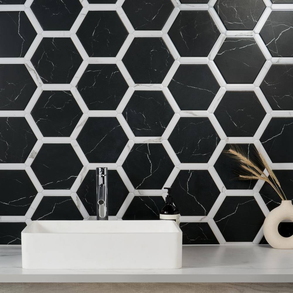 Samara Black and White Hexagon Porcelain Tile Set