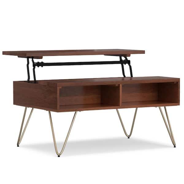 Simpli Home Hunter 36 in. Umber Brown/Gold Rectangle Wood Coffee Table with Lift Top