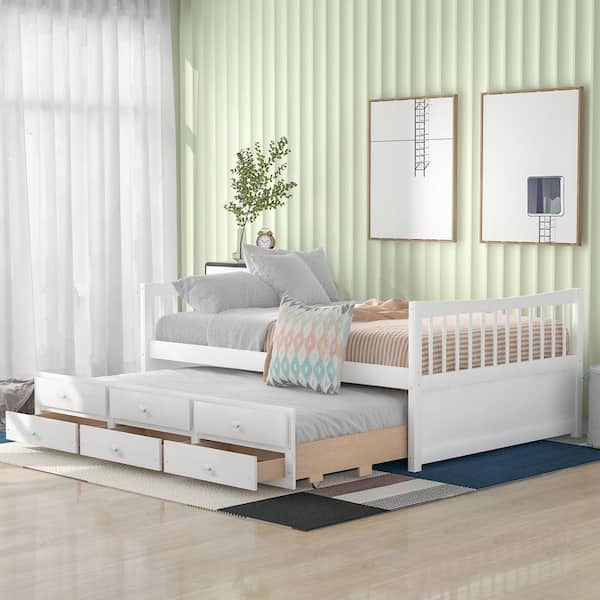 Qualler White Full Size Daybed with Twin Size Trundle and Drawers
