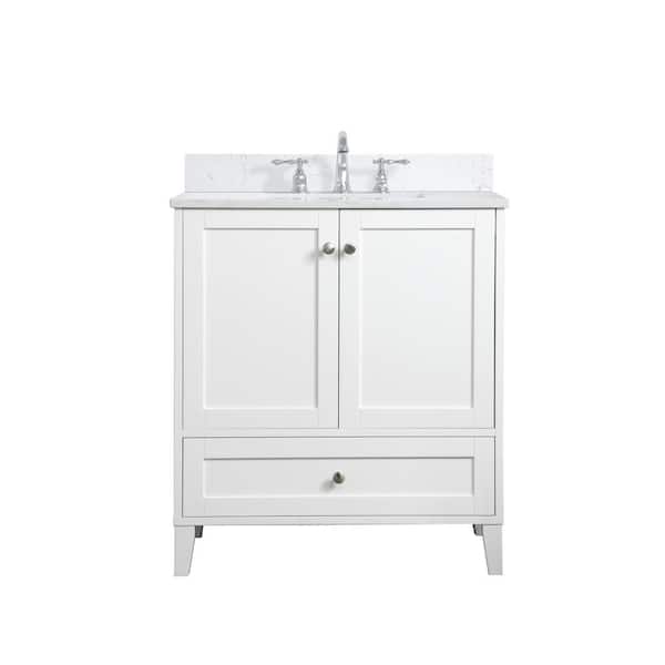 Unbranded Simply Living 30 in. W x 19 in. D x 34 in. H Bath Vanity in White with Calacatta White Engineered Marble Top
