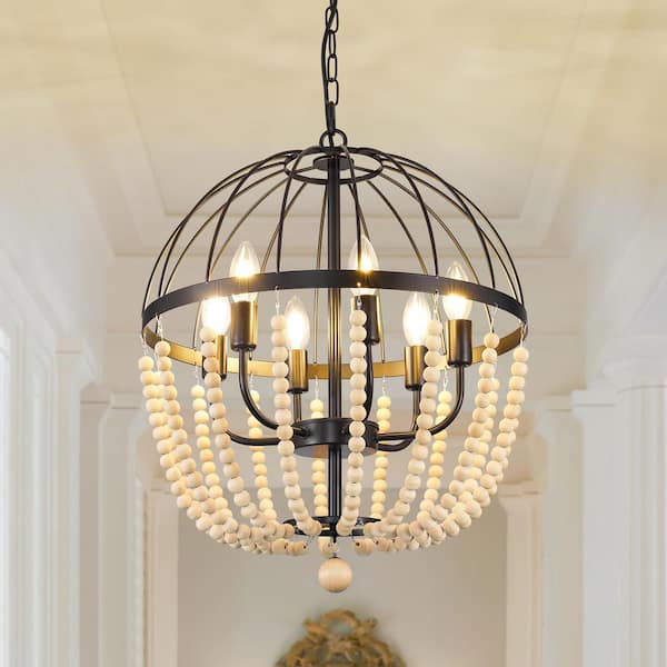18 in. 6-Light Antique Rustic Black Bohemia Wood Beaded Chandelier for Dining Room, Living Room, Kitchen Island