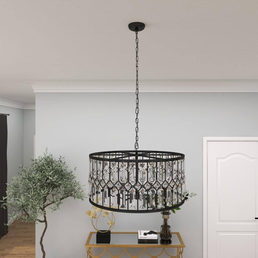 Elegant 24" Black Metal and Crystal Drum Chandelier with Edison Bulbs