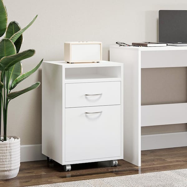 Tileon Mobile Storage Cabinet Organizer with Drawer and Cabinet, Printer Stand with Castors in White