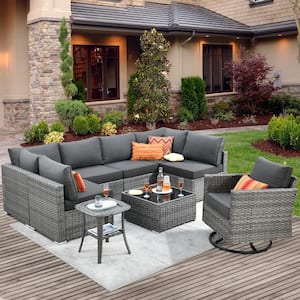 Daffodil F Gray 9-Piece Wicker Outdoor Patio Conversation Sectional Set with a Swivel Rocking Chair and Black Cushions