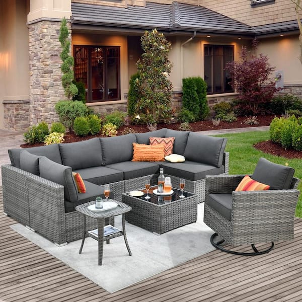 weaxty W Daffodil F Gray 9-Piece Wicker Outdoor Patio Conversation Sectional Set with a Swivel Rocking Chair and Black Cushions
