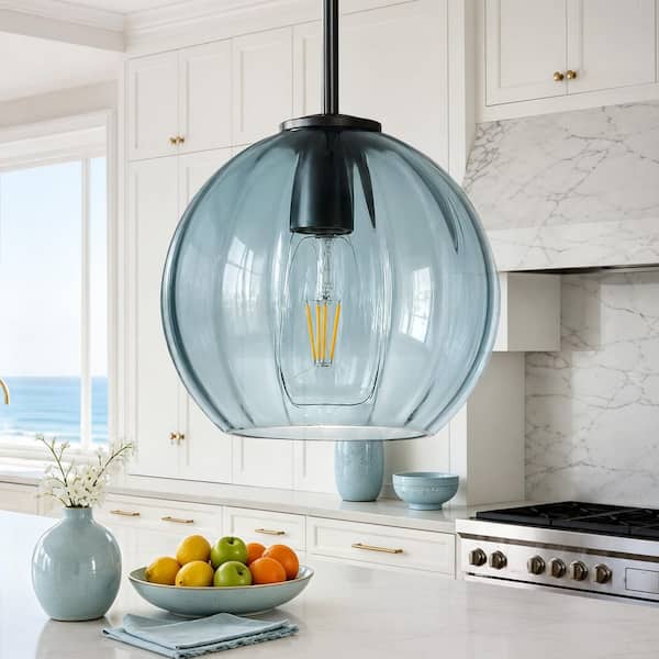 Rayhome 1-Light Coastal Blue Pendant Hanging Light with Ribbing Glass for Kitchen Island, Dining Room
