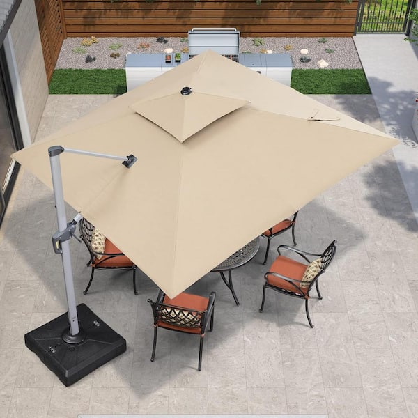 PURPLE LEAF 10 ft. Sunbrella Aluminum Square 360° Rotation Silvery Cantilever Outdoor Patio Umbrella With Base, Beige