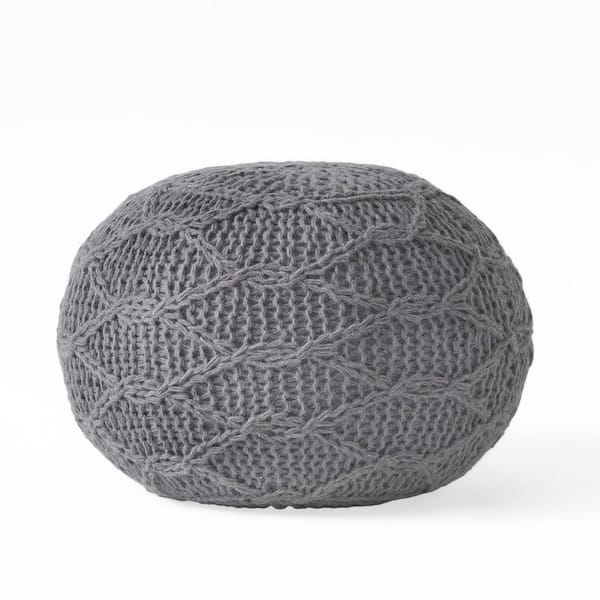 Noble House Stefan Round Charcoal Knitted Wool Pouf
