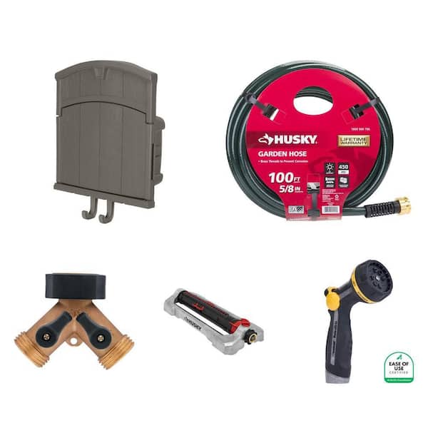 Farmington Hose Hanger Cabinet, 5/8 in. x 100 ft. Hose, 2-Way Adapter, 4500 sq. ft. Sprinkler and 8-Pattern Nozzle Combo