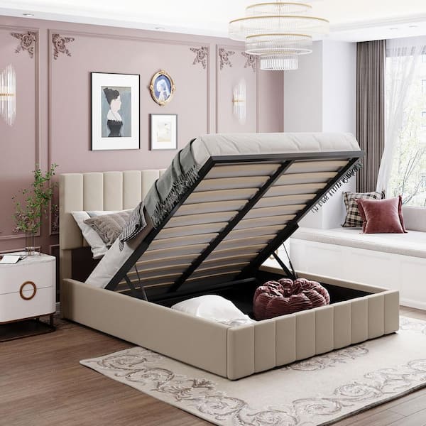 GODEER Queen Size Beige Upholstered Platform Bed with A Hydraulic ...