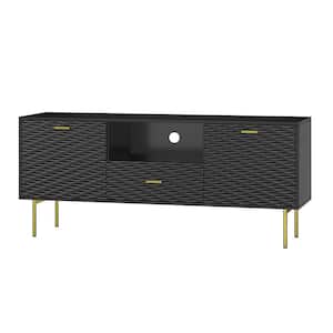 Vincenzo Modern Black 57.7 in. TV Stand with Metal Legs and Wavy Embossed Texture