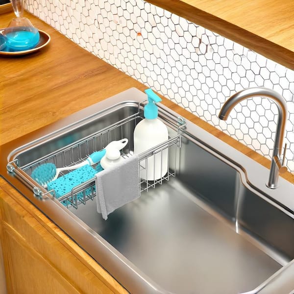 14.5 in. to 22 in. Expandable over The Sink Caddy for Sponge, Brush, Soap Dish, Cloth Rag, Stainless Steel Drying Rack