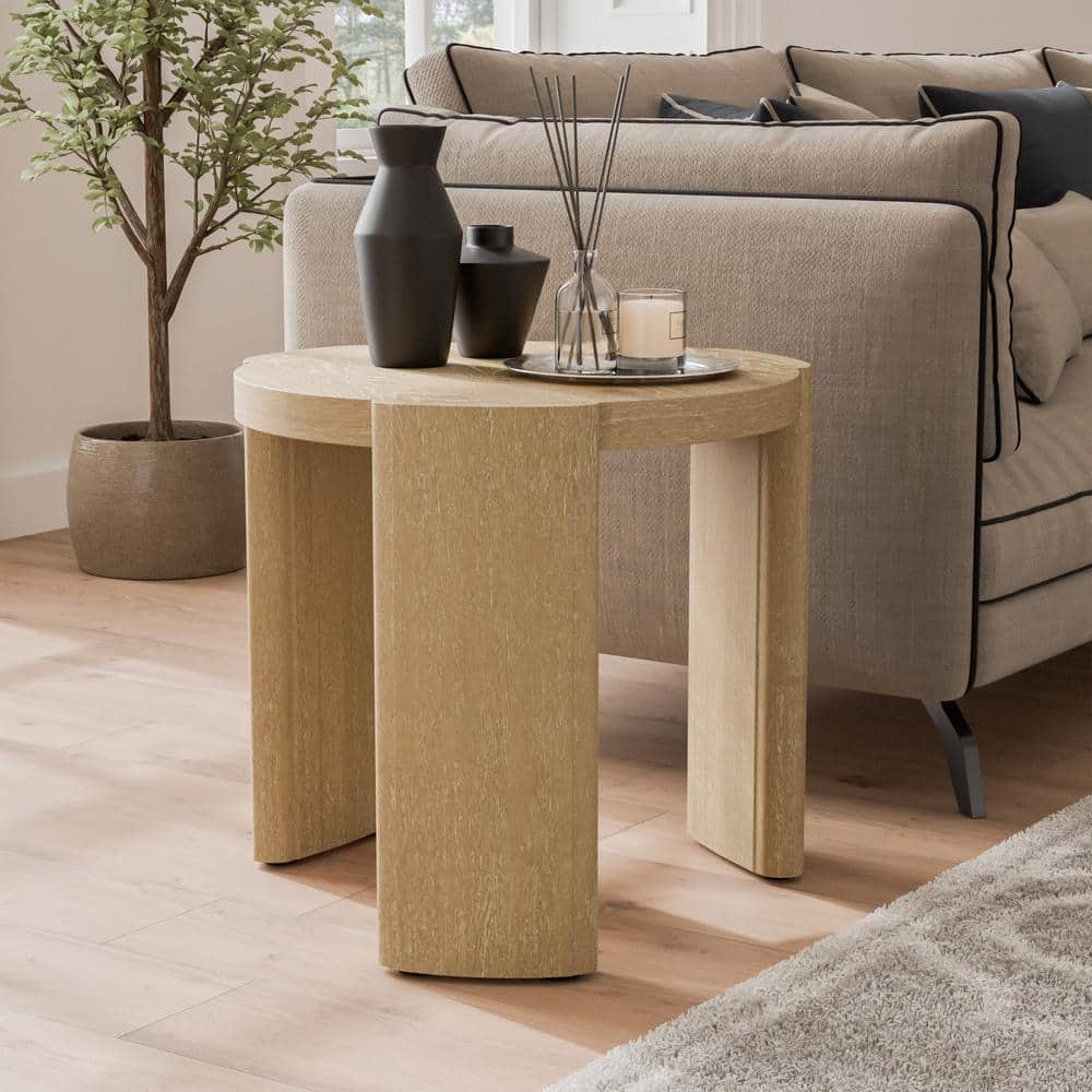 Ashford 20 in. Oak Round Wood End Table with Plinth Base
