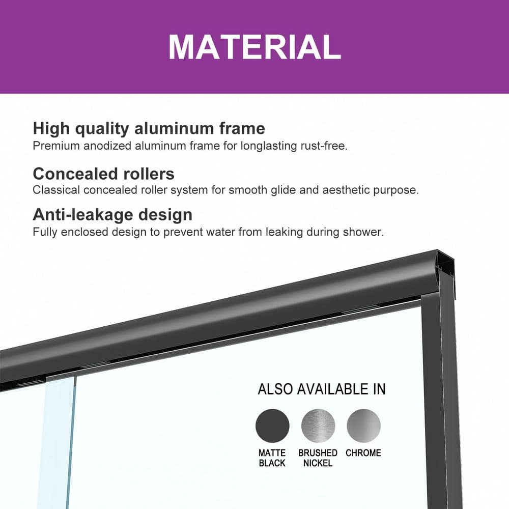 59" Matte Black Semi-Frameless Sliding Shower Door with Clear Glass