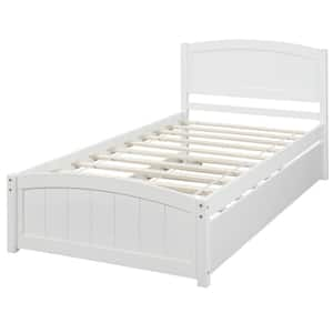 White Twin Size Wood Platform Bed with Trundle, Wood Kid Captain Bed Frame with Headboard and Footboard