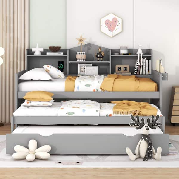 Harper & Bright Designs Gray Twin XL Wood Daybed with 2-Twin Trundles, Storage Shelves and USB Charging Ports