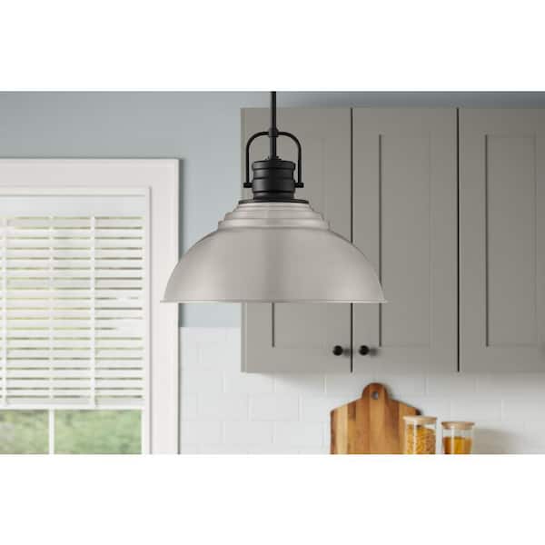 Home Decorators Collection Shelston 16 in. 1-Light Brushed Nickel and Black Farmhouse Pendant Light Fixture with Metal Shade
