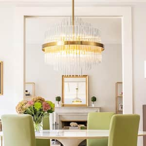 Reith 12-Light Modern Glam Gold Linear Drum Crystal Chandelier 3-Tier Tapered Round Chandelier for Dining Room