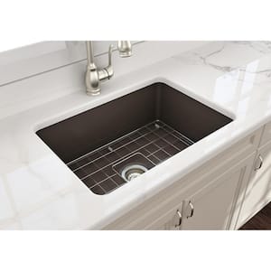 Sotto Undermount Fireclay 27 in. Single Bowl Kitchen Sink with Bottom Grid and Strainer in Matte Brown