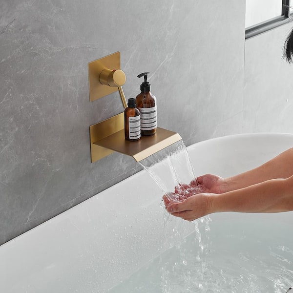 Widespread Waterfall Single Handle Wall Mounted Tub Faucet Bathtub Filler in Brushed Gold