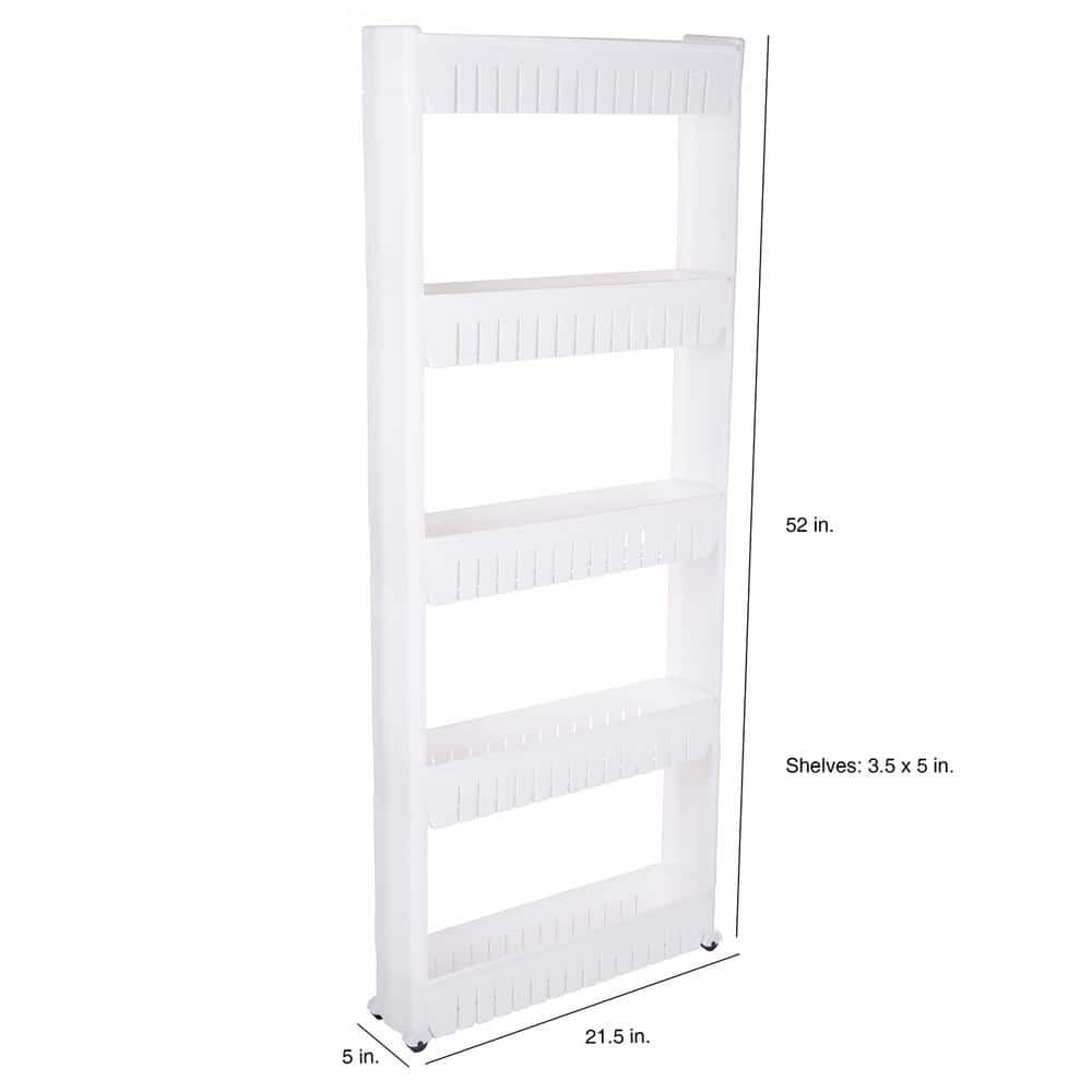 Slim White 5-Tier Slide Out Storage Tower with Wheels