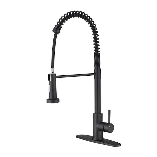 Tahanbath Single Handle Spring Pull Down Sprayer Kitchen Faucet in Matte Black