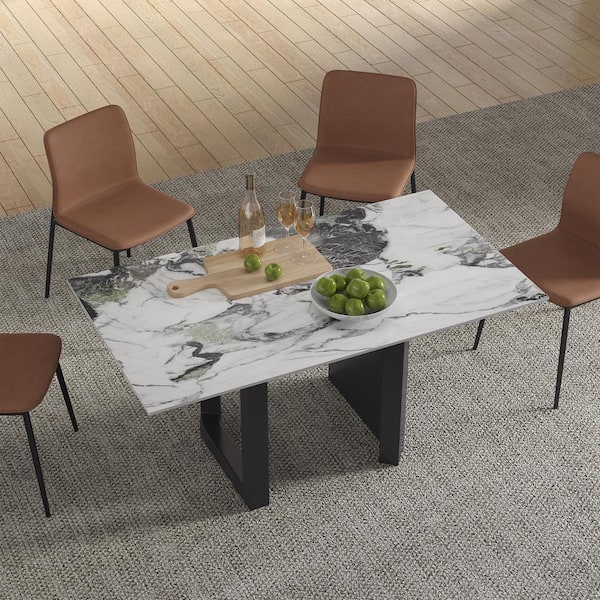 Lesly Rectangle Jade White Patek Philippe Stone Top 55. 12in. Black Titanium Stainless Double Pedestal Dining Table (4 Seats)
