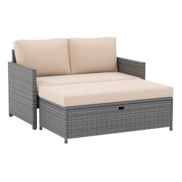 Kadehome Gray 2-Piece Wicker Outdoor Day Bed with Beige Cushions