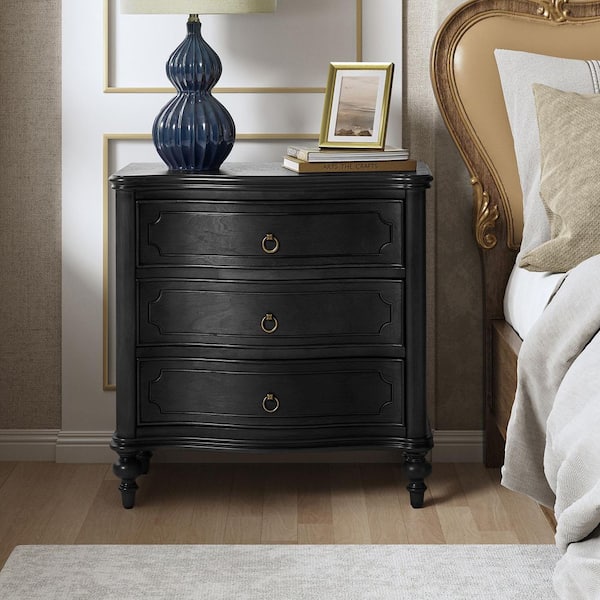 Egmund Traditional 3-Drawer Nightstand with Solid Wood Legs and Built-In Outlets-Black