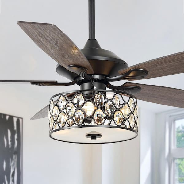 52 in. Indoor Matte Black Crystal Chandelier Ceiling Fan with Light and Remote Control