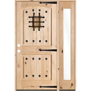 44 in. x 80 in. Mediterranean Unfinished Knotty Alder Arch Right-Hand Right Full Sidelite Clear Glass Prehung Front Door