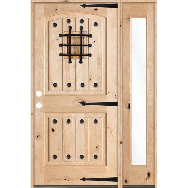 Krosswood Doors 44 in. x 80 in. Mediterranean Unfinished Knotty Alder Arch Right-Hand Right Full Sidelite Clear Glass Prehung Front Door